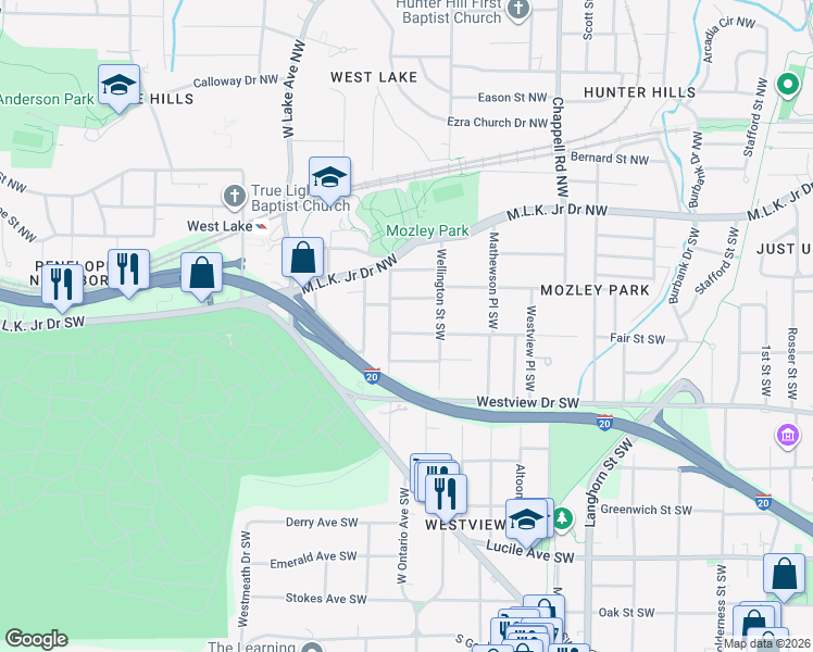 map of restaurants, bars, coffee shops, grocery stores, and more near 1589 Mims Street Southwest in Atlanta
