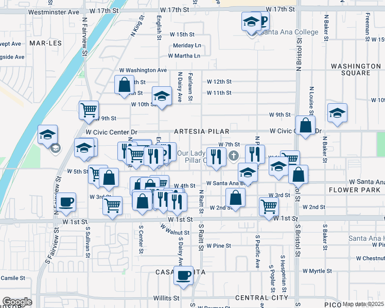 map of restaurants, bars, coffee shops, grocery stores, and more near 605 Fairlawn Avenue in Santa Ana