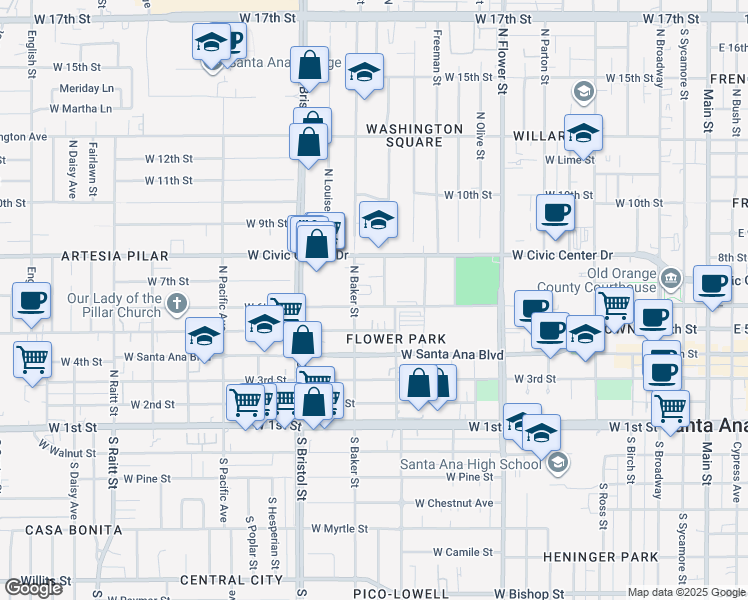 map of restaurants, bars, coffee shops, grocery stores, and more near 1111 W 6th St in Santa Ana
