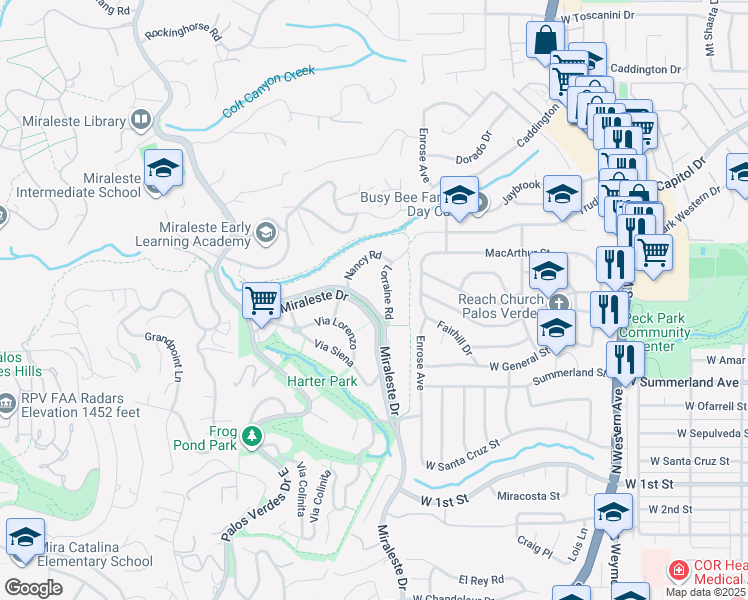 map of restaurants, bars, coffee shops, grocery stores, and more near 4120 Miraleste Drive in Rancho Palos Verdes