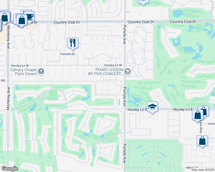 map of restaurants, bars, coffee shops, grocery stores, and more near 510 Flower Hill Lane in Palm Desert