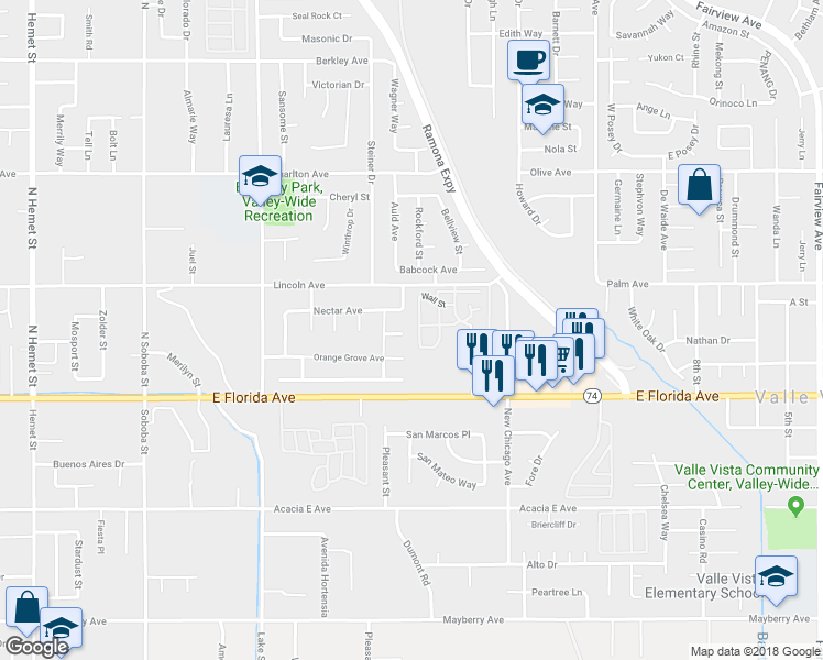 map of restaurants, bars, coffee shops, grocery stores, and more near 5896 Plum Place in Hemet