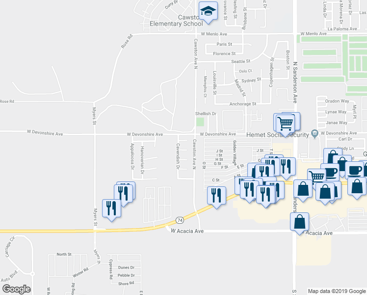 map of restaurants, bars, coffee shops, grocery stores, and more near 4162 Northam Court in Hemet