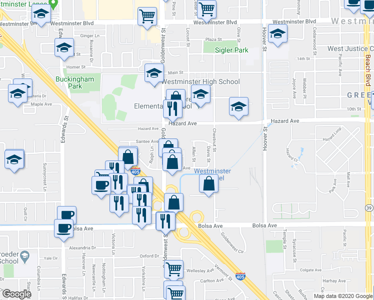 map of restaurants, bars, coffee shops, grocery stores, and more near 14632 Kathy Street in Westminster