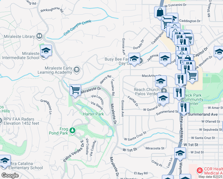map of restaurants, bars, coffee shops, grocery stores, and more near 4120 Miraleste Drive in Rancho Palos Verdes