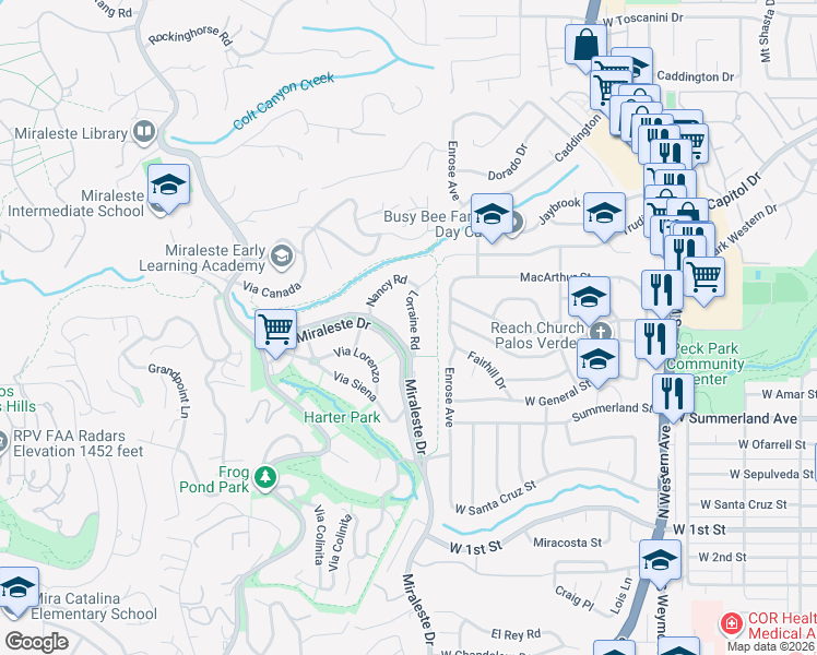 map of restaurants, bars, coffee shops, grocery stores, and more near 4125 Lorraine Road in Rancho Palos Verdes