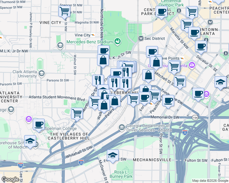 map of restaurants, bars, coffee shops, grocery stores, and more near 180 Walker Street Southwest in Atlanta