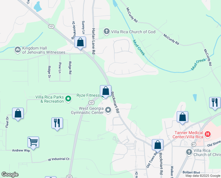 map of restaurants, bars, coffee shops, grocery stores, and more near Rockmart Road in Villa Rica