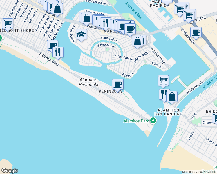 map of restaurants, bars, coffee shops, grocery stores, and more near 69 60th Place in Long Beach