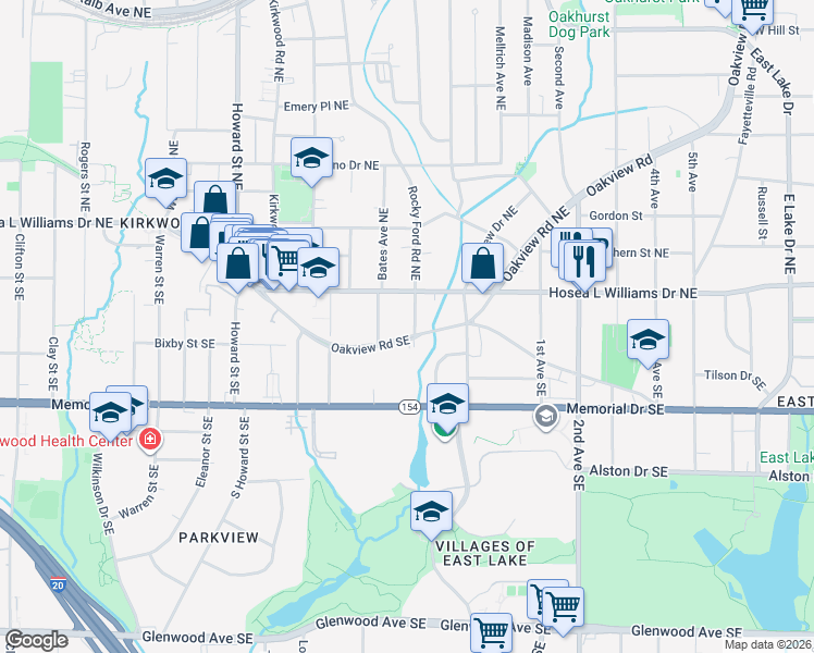 map of restaurants, bars, coffee shops, grocery stores, and more near 45 Rockyford Road Southeast in Atlanta