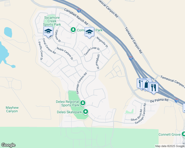 map of restaurants, bars, coffee shops, grocery stores, and more near 25437 Red Hawk Road in Corona