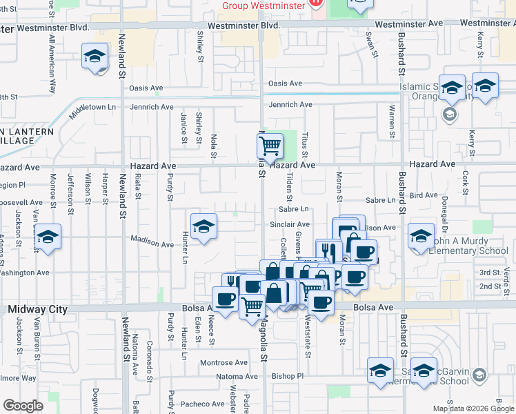 map of restaurants, bars, coffee shops, grocery stores, and more near 9001 Sabre Lane in Westminster