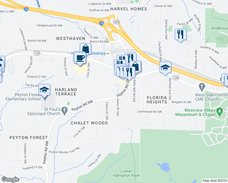 map of restaurants, bars, coffee shops, grocery stores, and more near 118 Dogwood Drive Southwest in Atlanta