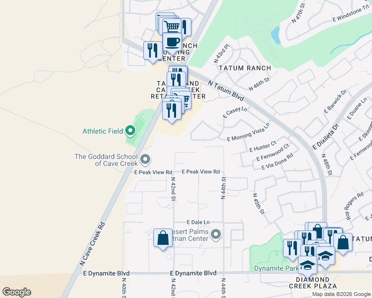 map of restaurants, bars, coffee shops, grocery stores, and more near 4301 East Morning Vista Lane in Cave Creek