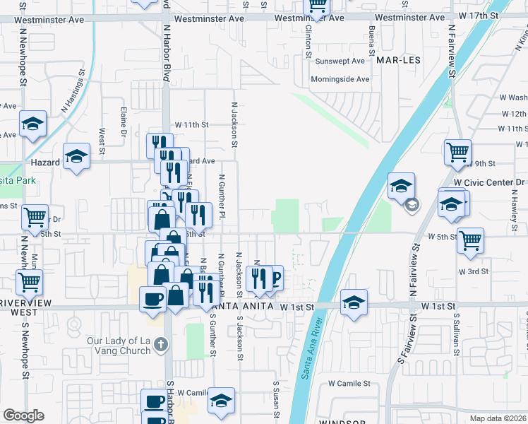 map of restaurants, bars, coffee shops, grocery stores, and more near 3406 West 7th Street in Santa Ana