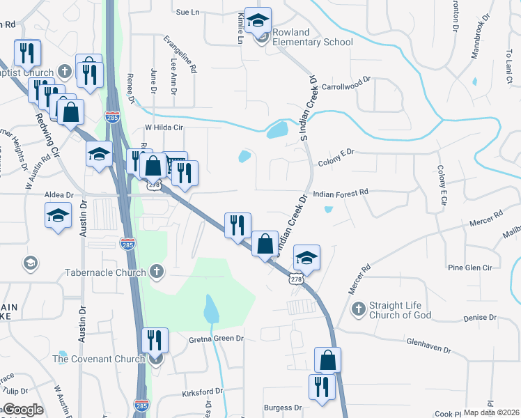 map of restaurants, bars, coffee shops, grocery stores, and more near 3976 Inca Court in Stone Mountain
