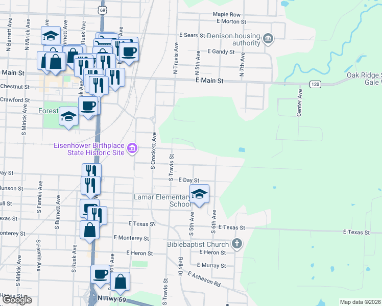 map of restaurants, bars, coffee shops, grocery stores, and more near 426 East Nelson Street in Denison