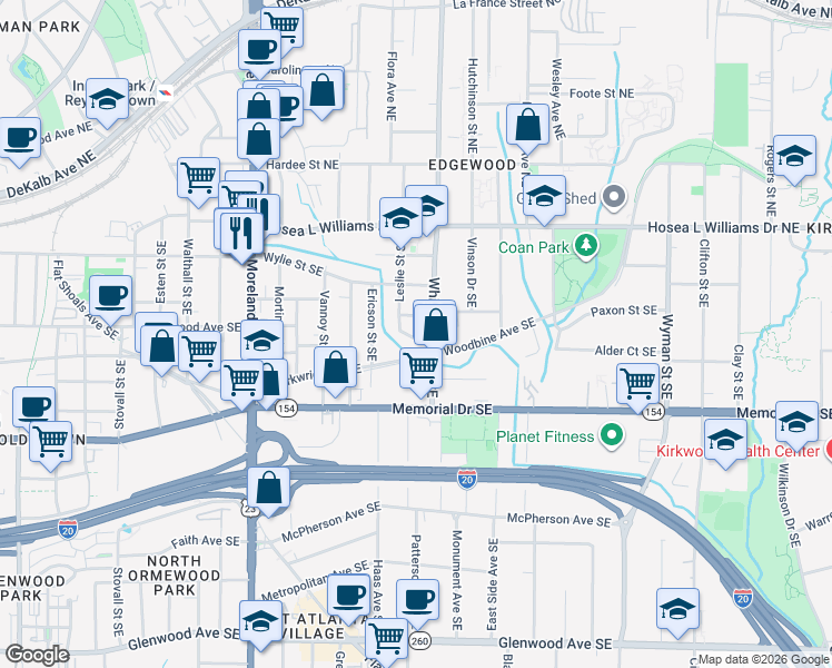 map of restaurants, bars, coffee shops, grocery stores, and more near 132 Leslie Street Southeast in Atlanta