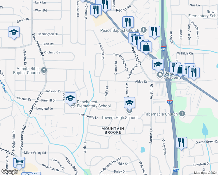 map of restaurants, bars, coffee shops, grocery stores, and more near 1462 Tulip Place in Decatur