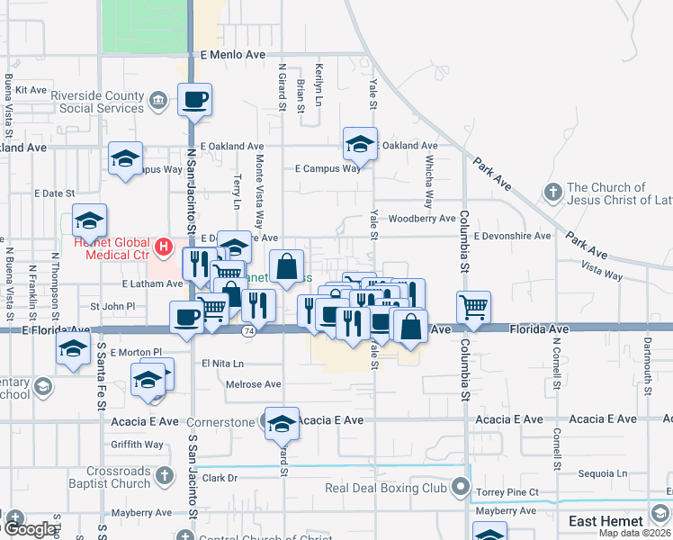 map of restaurants, bars, coffee shops, grocery stores, and more near Mayflower Place in Hemet