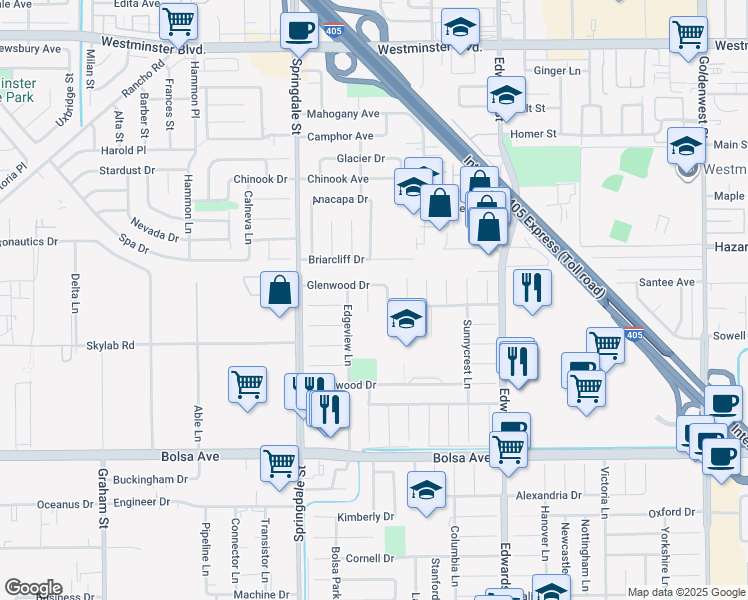 map of restaurants, bars, coffee shops, grocery stores, and more near 14622 Shinkle Circle in Huntington Beach