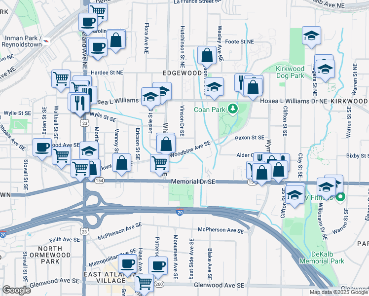 map of restaurants, bars, coffee shops, grocery stores, and more near 1432 Woodbine Ave SE in Atlanta