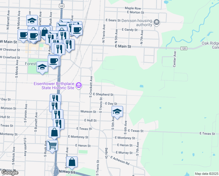 map of restaurants, bars, coffee shops, grocery stores, and more near 426 East Nelson Street in Denison
