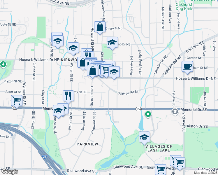 map of restaurants, bars, coffee shops, grocery stores, and more near Oakview Road Southeast in Atlanta