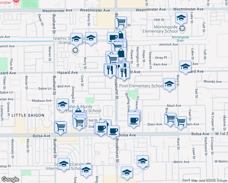 map of restaurants, bars, coffee shops, grocery stores, and more near 14652 Cheshire Avenue in Westminster