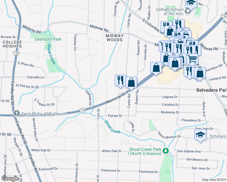 map of restaurants, bars, coffee shops, grocery stores, and more near 1481 Thomas Road in Decatur