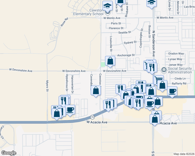 map of restaurants, bars, coffee shops, grocery stores, and more near 4122 Northam Court in Hemet