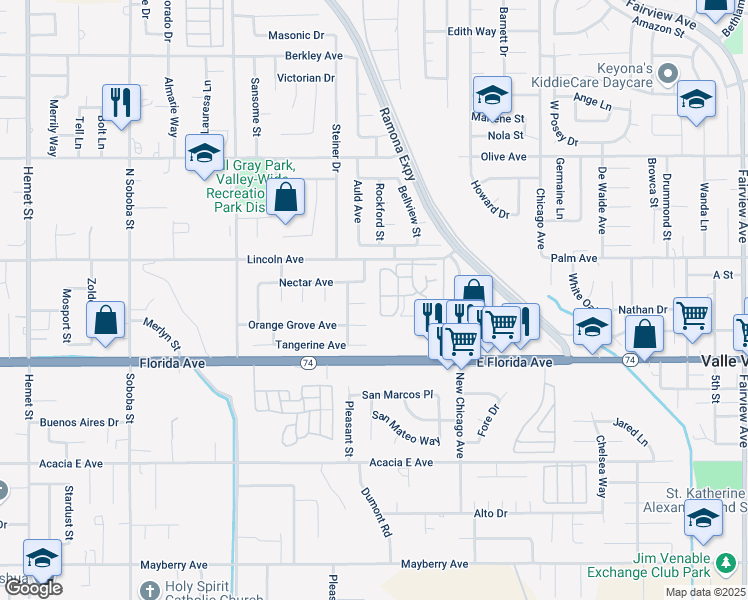map of restaurants, bars, coffee shops, grocery stores, and more near 5896 Plum Place in Hemet