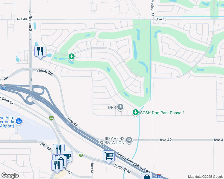 map of restaurants, bars, coffee shops, grocery stores, and more near 80671 Camino Santa Elise in Indio