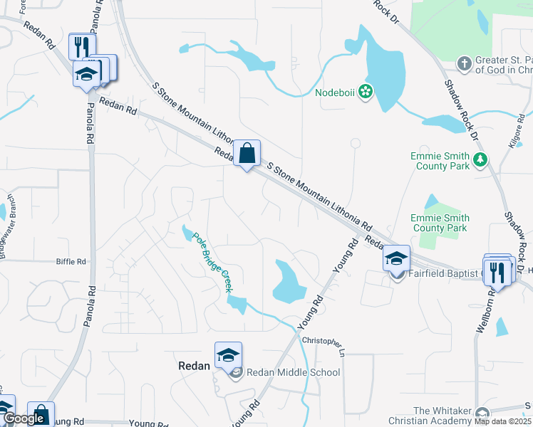 map of restaurants, bars, coffee shops, grocery stores, and more near 1444 Bentley Ridge Court in Lithonia