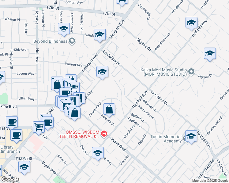 map of restaurants, bars, coffee shops, grocery stores, and more near 1312 Lurline Lane in Tustin