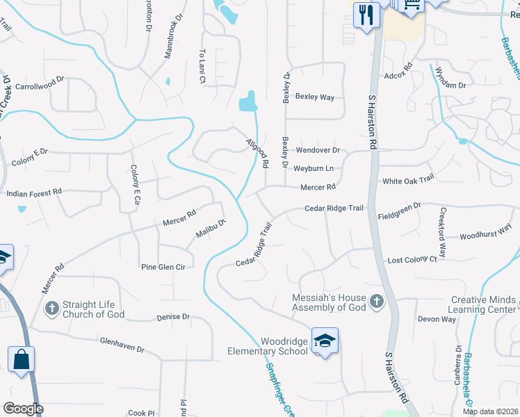 map of restaurants, bars, coffee shops, grocery stores, and more near 1413 Elm Ridge Drive in Stone Mountain