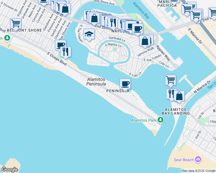 map of restaurants, bars, coffee shops, grocery stores, and more near 42 58th Place in Long Beach