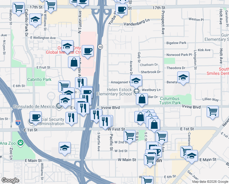 map of restaurants, bars, coffee shops, grocery stores, and more near 17361 Roseleaf Avenue in Tustin