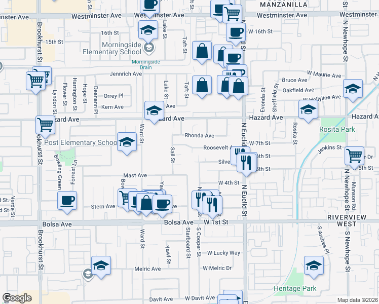 map of restaurants, bars, coffee shops, grocery stores, and more near 14651 Taft Street in Garden Grove