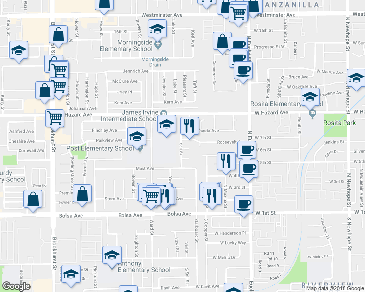 map of restaurants, bars, coffee shops, grocery stores, and more near 14642 Sail Street in Garden Grove