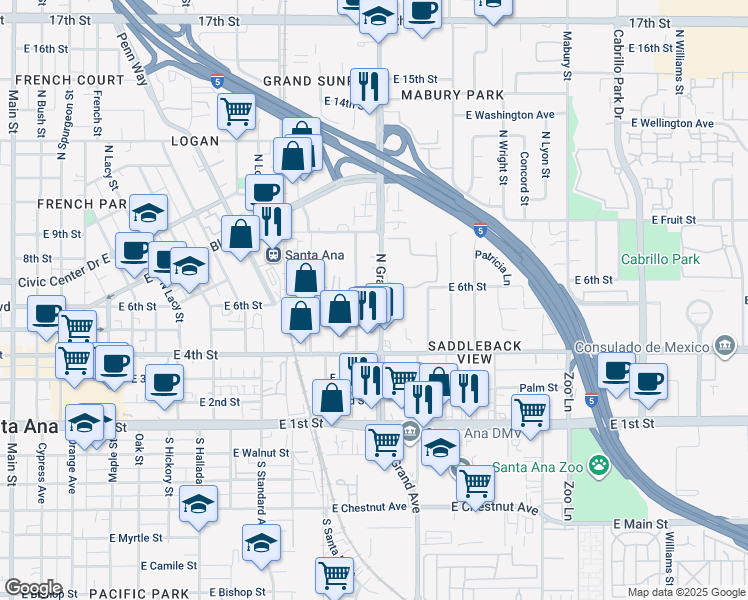 map of restaurants, bars, coffee shops, grocery stores, and more near 600 North Grand Avenue in Santa Ana