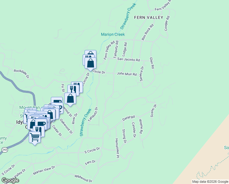map of restaurants, bars, coffee shops, grocery stores, and more near 55251 South Circle Drive in Idyllwild-Pine Cove