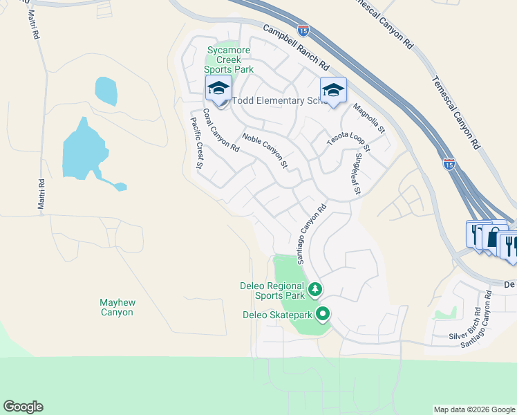 map of restaurants, bars, coffee shops, grocery stores, and more near 25465 Hyacinth Street in Corona