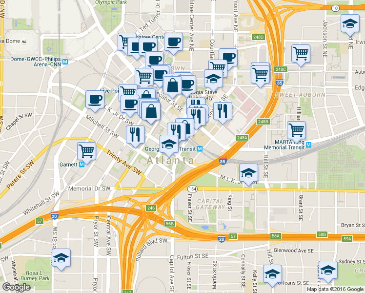 map of restaurants, bars, coffee shops, grocery stores, and more near Piedmont Avenue Southwest in Atlanta