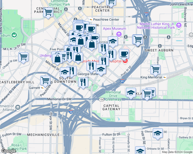 map of restaurants, bars, coffee shops, grocery stores, and more near Piedmont Avenue Southwest in Atlanta