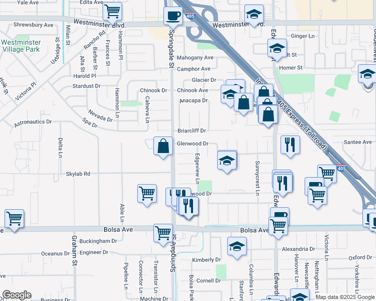 map of restaurants, bars, coffee shops, grocery stores, and more near 6081 Hardwick Circle in Huntington Beach