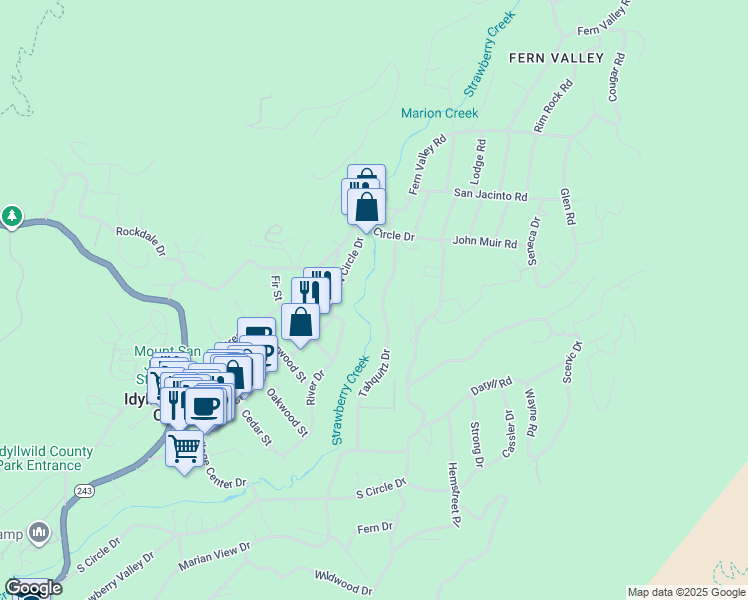 map of restaurants, bars, coffee shops, grocery stores, and more near 25625 Tahquitz Drive in Idyllwild-Pine Cove