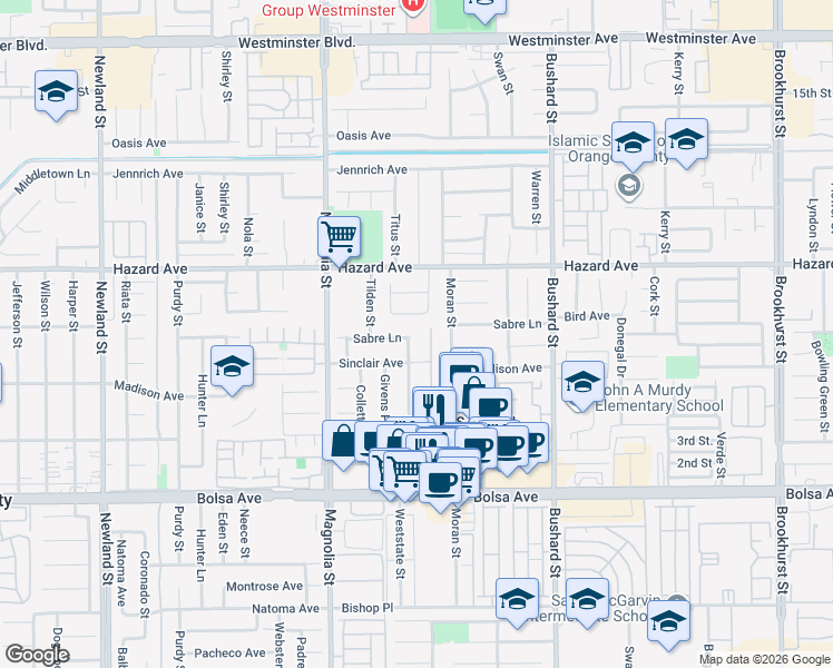 map of restaurants, bars, coffee shops, grocery stores, and more near 9175 Sabre Lane in Westminster