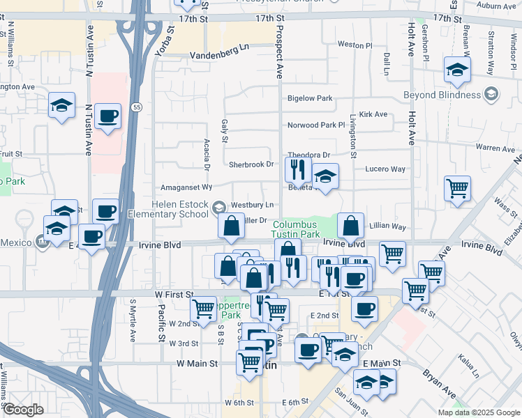 map of restaurants, bars, coffee shops, grocery stores, and more near 17672 Westbury Lane in Tustin