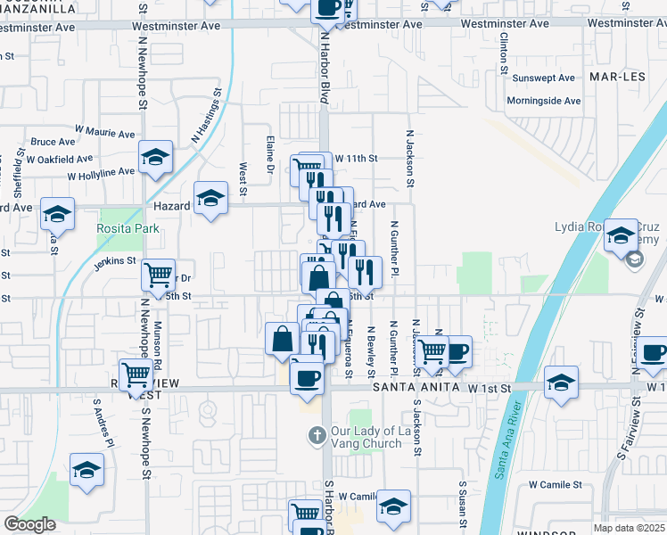 map of restaurants, bars, coffee shops, grocery stores, and more near 603 North Harbor Boulevard in Santa Ana